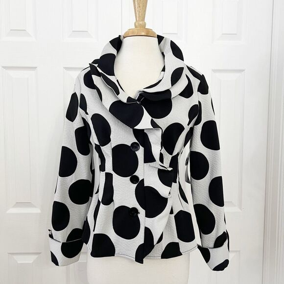 Samuel Dong Womens White Black Polka Dots Double Ruffle Blouse Medium NWT - Picture 1 of 7